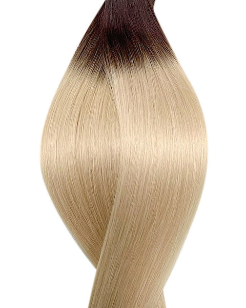 Espresso Martini #T2/60B nano tip hair extensions, colour swatch of straight Remy human hair nano ring extensions by Viola Hair Extensions Canada